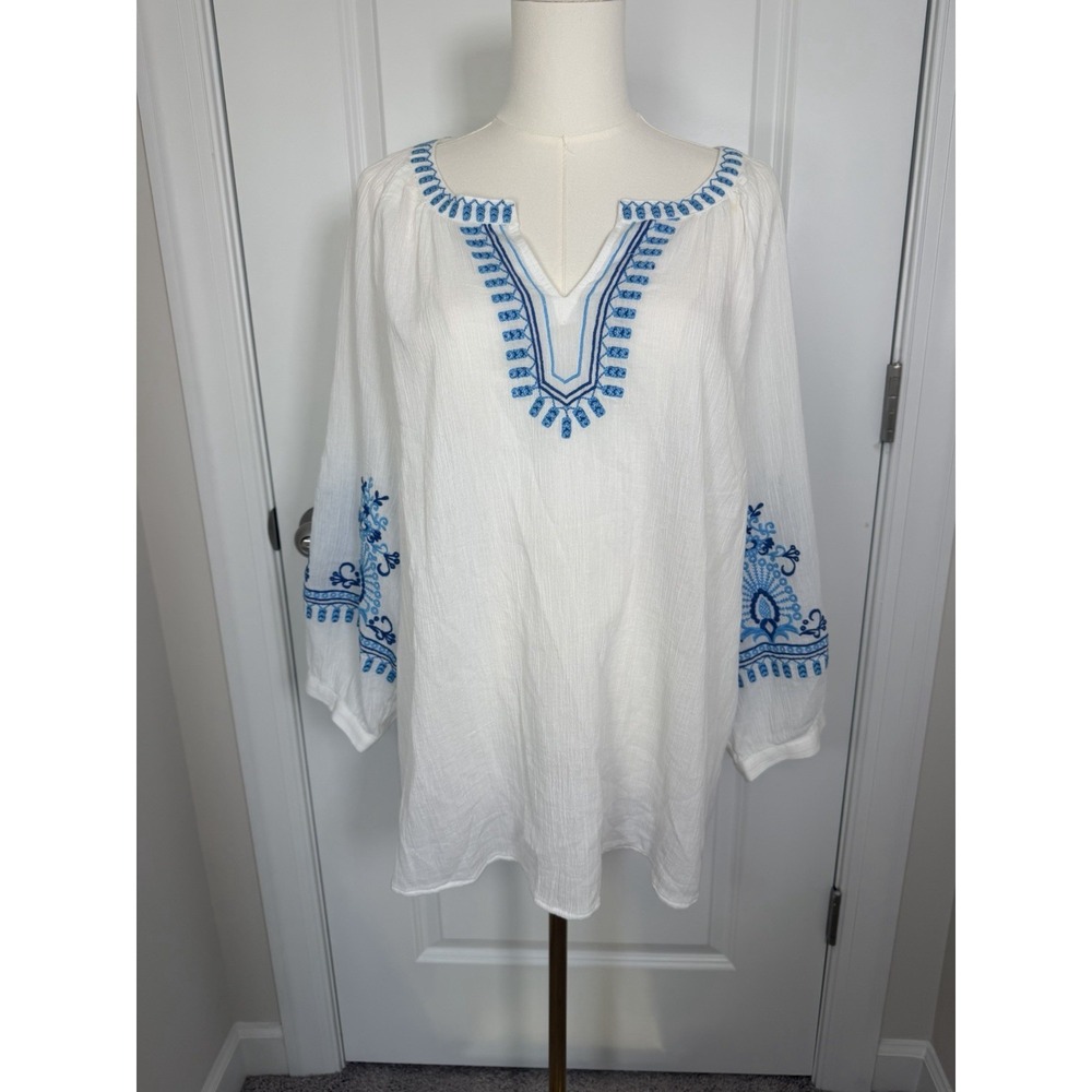 Talbots Women's Crinkle Gauze Cotton Blouse Embroidery XL Boho Beach Peasant